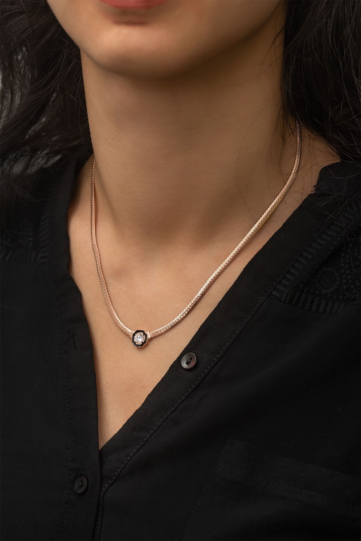 Yassı Zincir Nano Zirkon Taşlı Rose Gold Kaplama Kolye - 925 Ayar Gümüş - UVPS100240