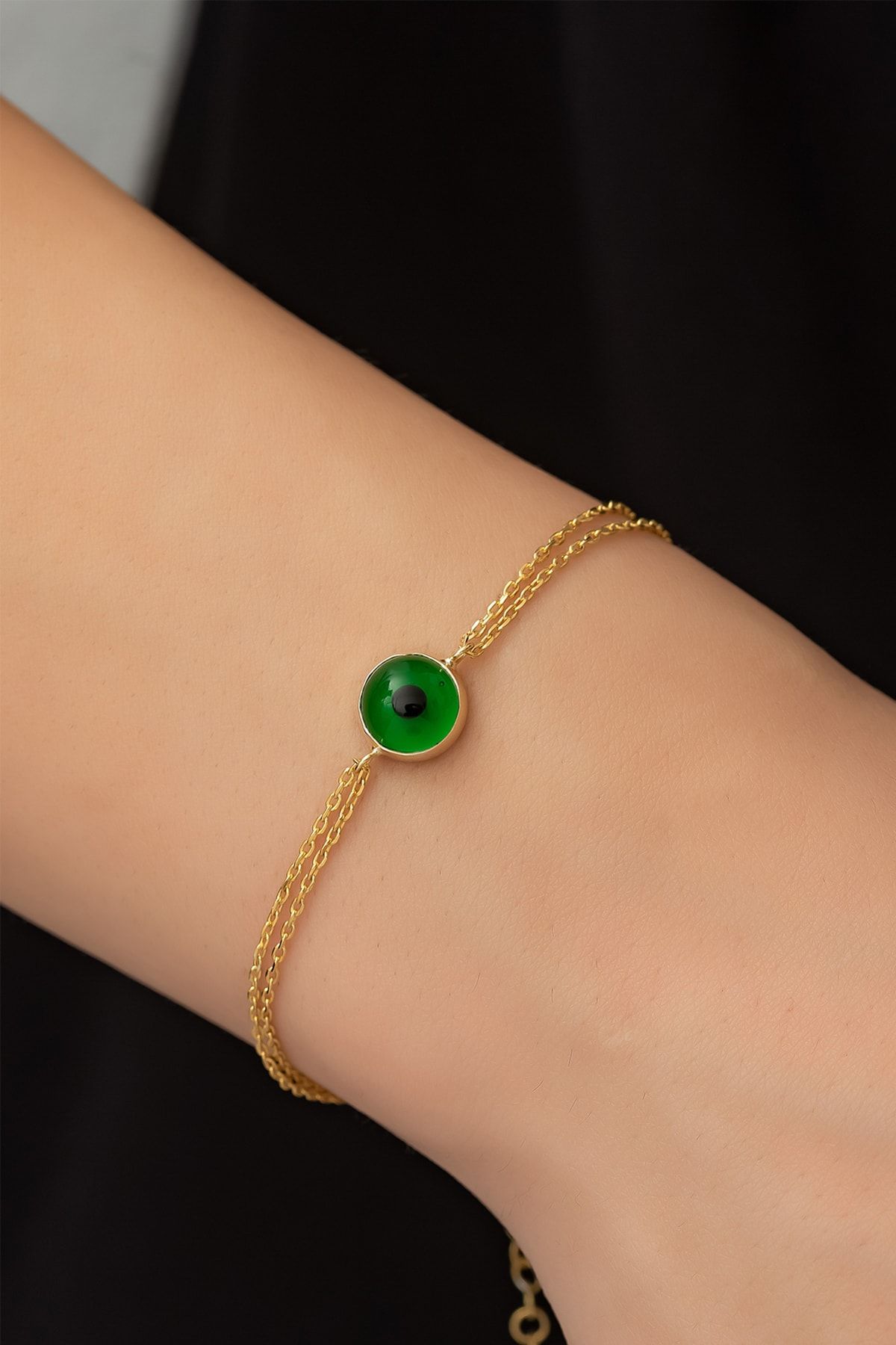 Yeşil Göz Bileklik Altın Kaplama 925 Ayar Gümüş Zincirli - Uvps200020